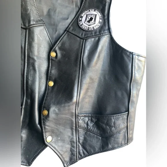 Vintage Mens Black Leather Snap Vest Vietnam War Patches Memorial Prisoner War - Picture 3 of 8